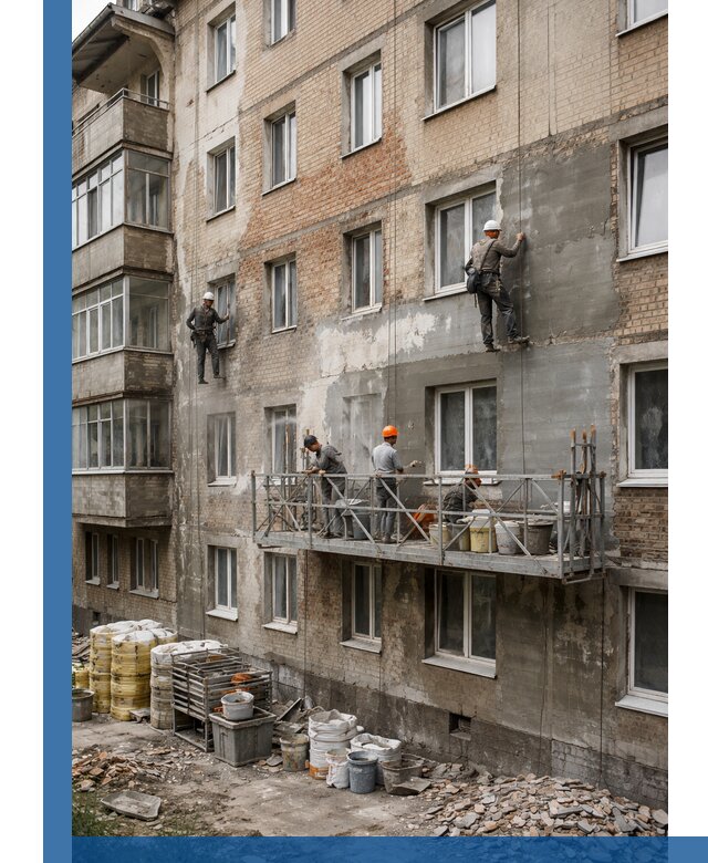 Капитальный ремонт фасада в Арзамасе с восстановлением и гидроизоляцией