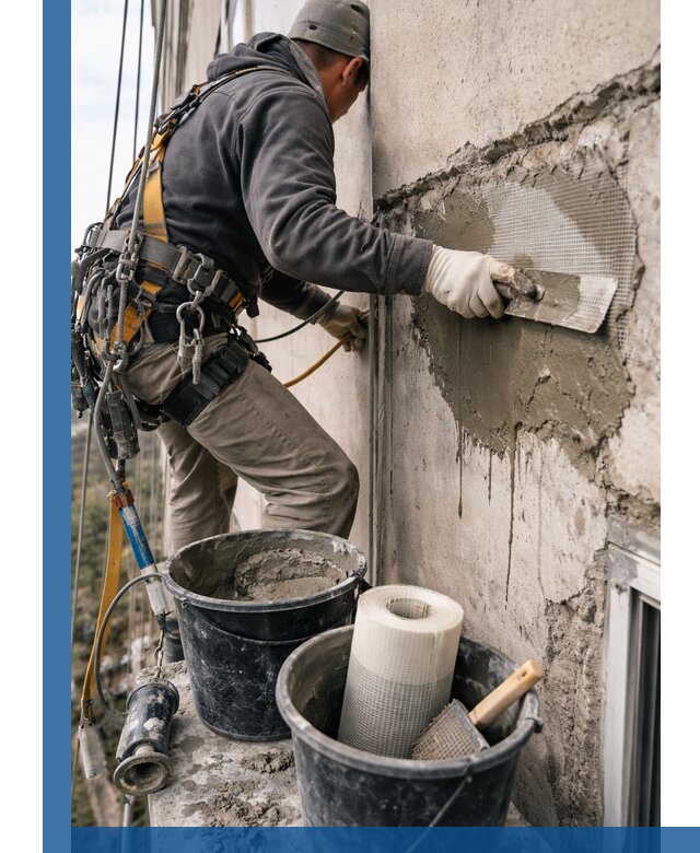 Ремонт бетонных элементов фасада промышленными альпинистами в Арзамасе