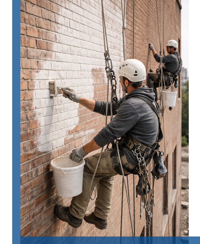 Покраска кирпичного фасада с доступным альпинистским сервисом в Арзамасе