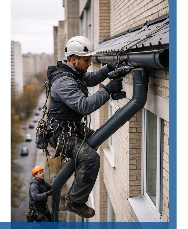 Монтаж водосточной системы на здании в Арзамасе от 5431 р. | ВЫСОТНИК-Рзм