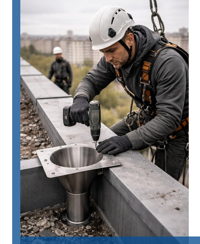 Монтаж водосточных воронок в Арзамасе для промышленных зданий