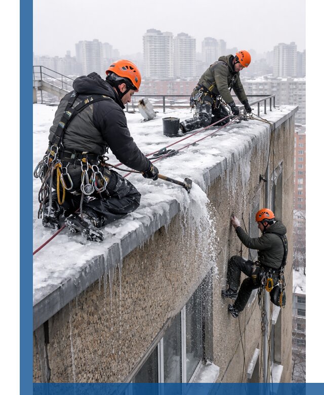 Удаление наледи с кровли в Арзамасе промышленными альпинистами