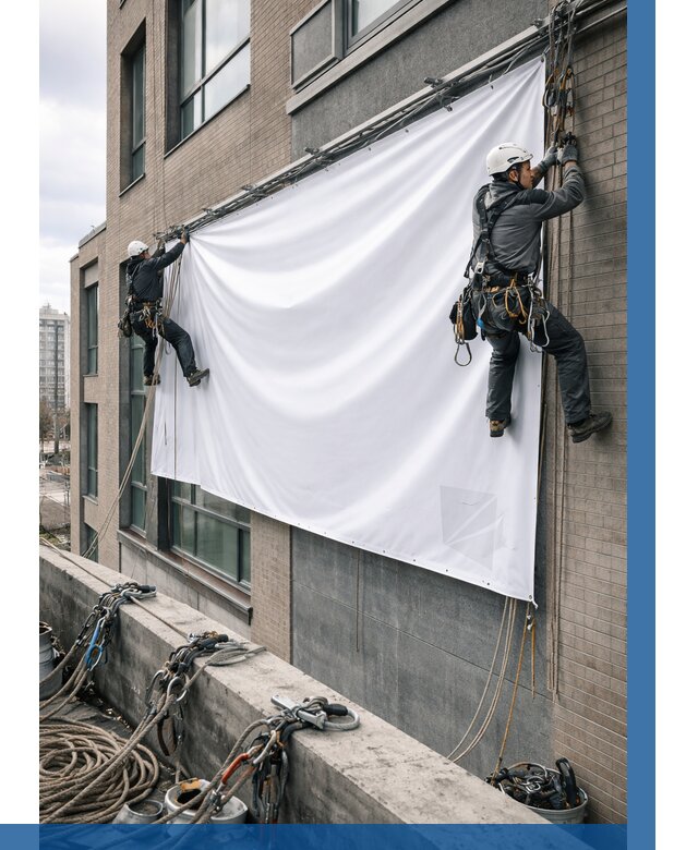 Монтаж баннеров на фасаде в Арзамасе от 706 р. заказать ВЫСОТНИК-Рзм