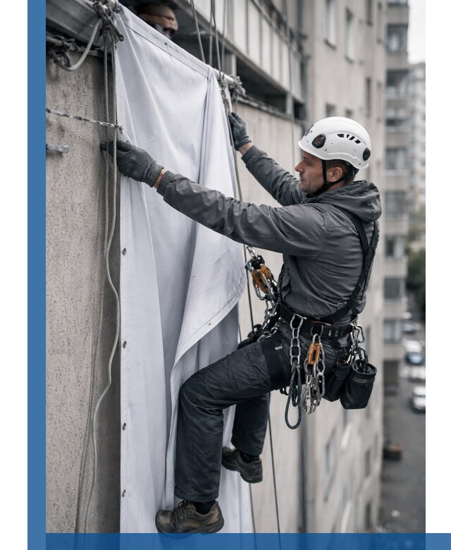 Замена баннерного полотна промышленными альпинистами в Арзамасе