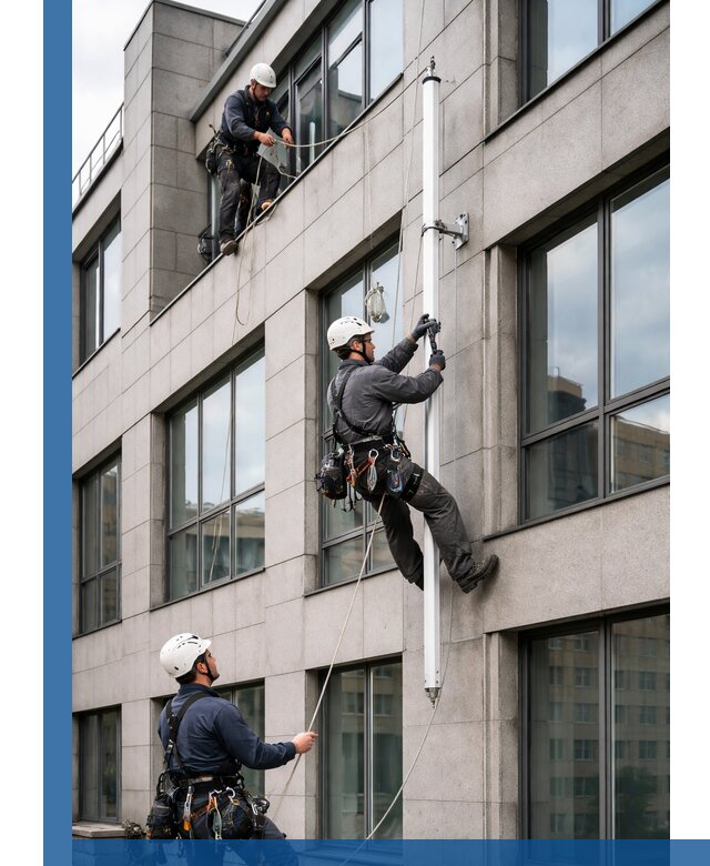 Монтаж флагштока на фасаде здания с креплением и герметикой в Арзамасе