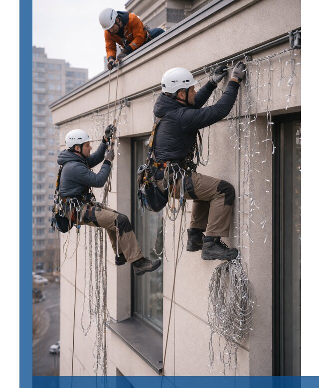 Монтаж праздничных гирлянд на фасаде в Арзамасе для зданий