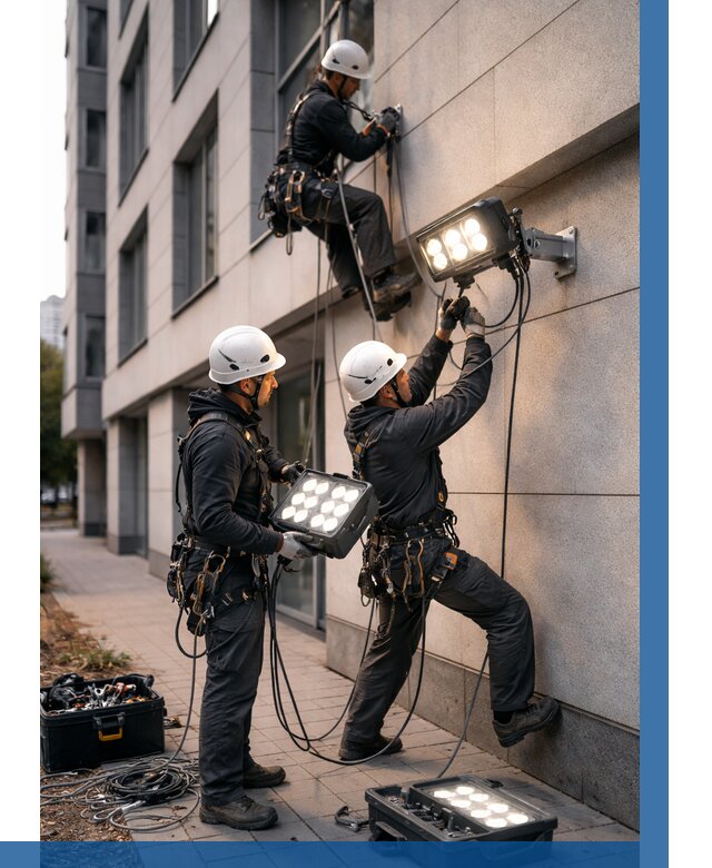 Монтаж прожекторов на фасаде в Арзамасе от 8146 р. | ВЫСОТНИК-Рзм