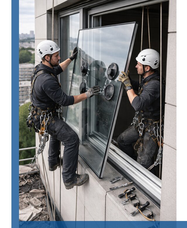 Замена стеклопакетов на высоте с промышленными альпинистами в Арзамасе