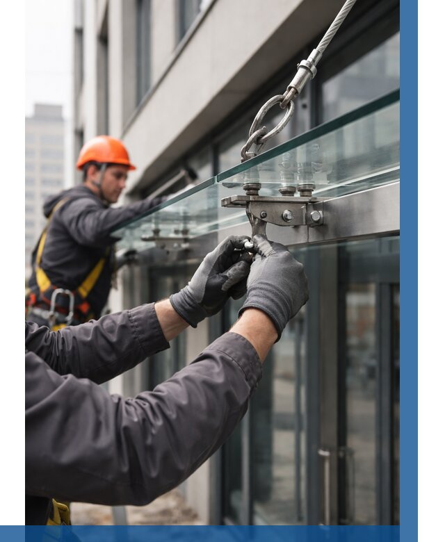 Монтаж стеклянных козырьков в Арзамасе от 9232 р. | ВЫСОТНИК-Рзм