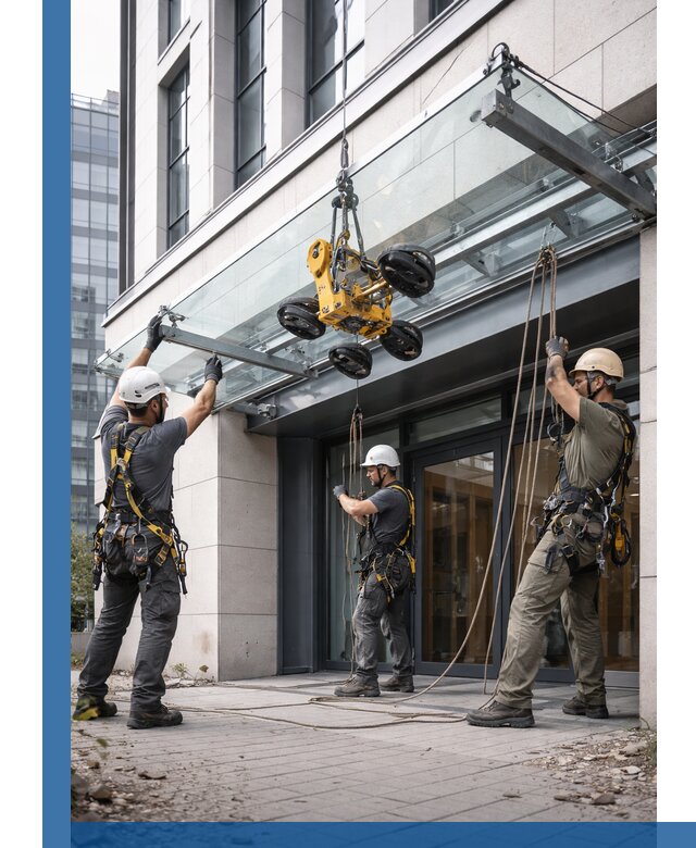 Монтаж стеклянных козырьков под ключ в Арзамасе для зданий