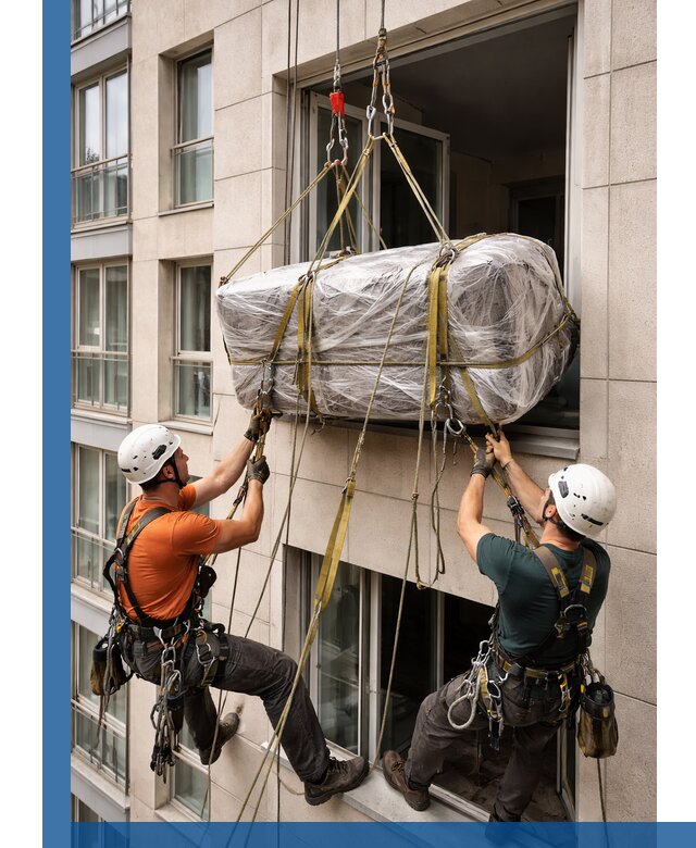 Подъем грузов через окно в Арзамасе промышленными альпинистами