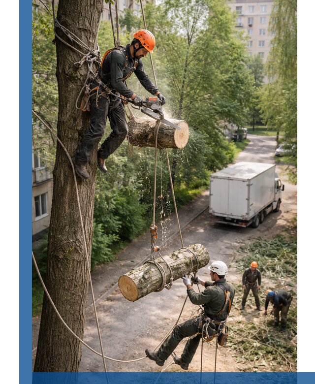 Спил деревьев альпинистами в Арзамасе, безопасно и без повреждений