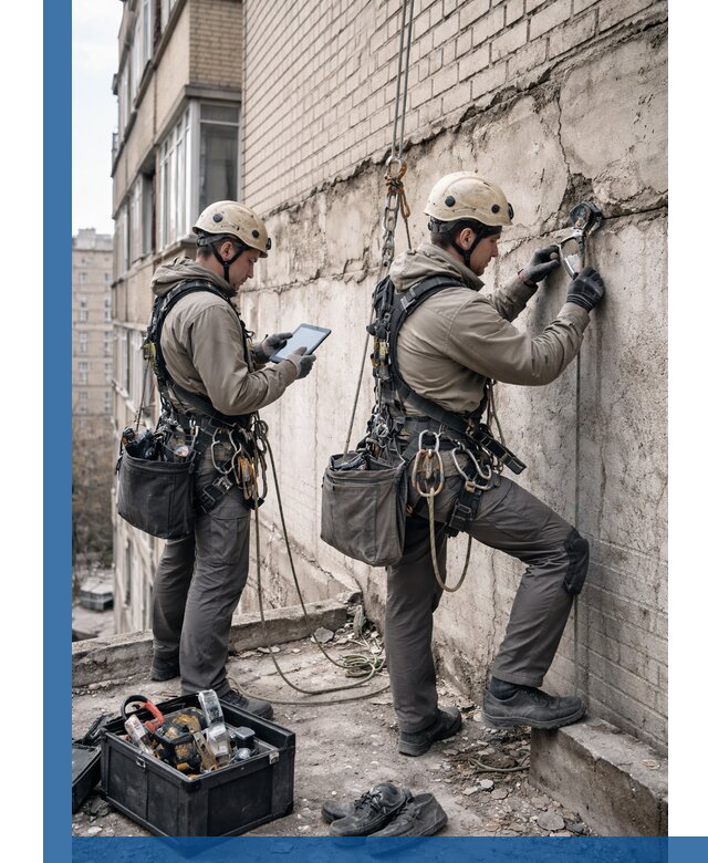 Обследование фасада промышленными альпинистами в Арзамасе